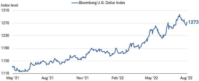 Chart shows the Bloomberg U.S. Dollar Index between May 2021 and August 1, 2022. The index was at 1,261 as of August 1, down slightly from its recent peak of 1297 on 7/14/2022. 